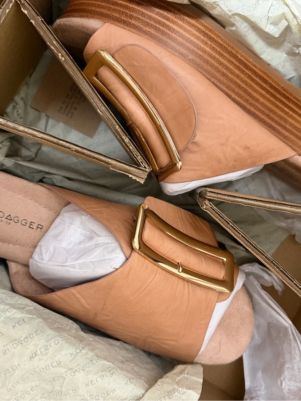Kelsi Dagger Wedges by — Tan Leather Buckle Wedge Shoes NIB